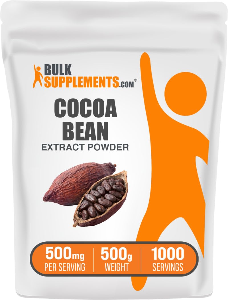BulkSupplements Cocoa Bean Extract Powder scoop shows convenient daily dosage for smoothies.