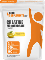BulkSupplements Creatine Monohydrate powder bottle with lemon Italian Ice flavor supports workouts.