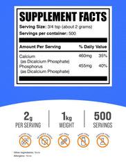 BulkSupplements Dicalcium Phosphate powder with scoop for precise dosing.