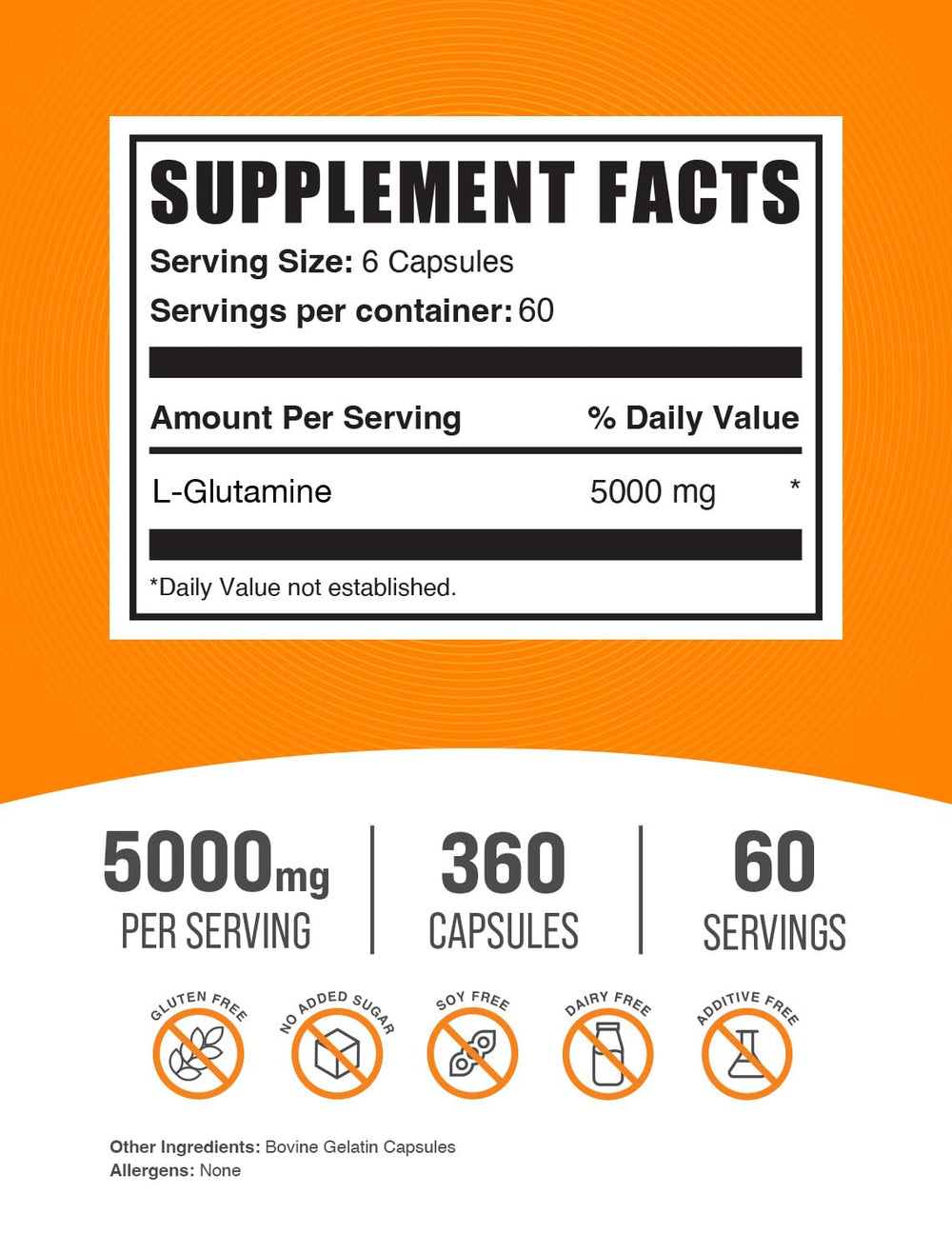 BulkSupplements L-Glutamine capsules closeup highlighting the high 5000mg dose.