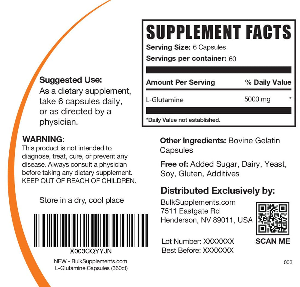 BulkSupplements L-Glutamine packaging image indicating cGMP compliant production.