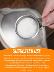 BulkSupplements Hyaluronic Acid powder label showing gluten-free and food-grade quality.