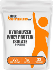 BulkSupplements Hydrolyzed Whey Protein Isolate container showing unflavored powder for easy mixing.