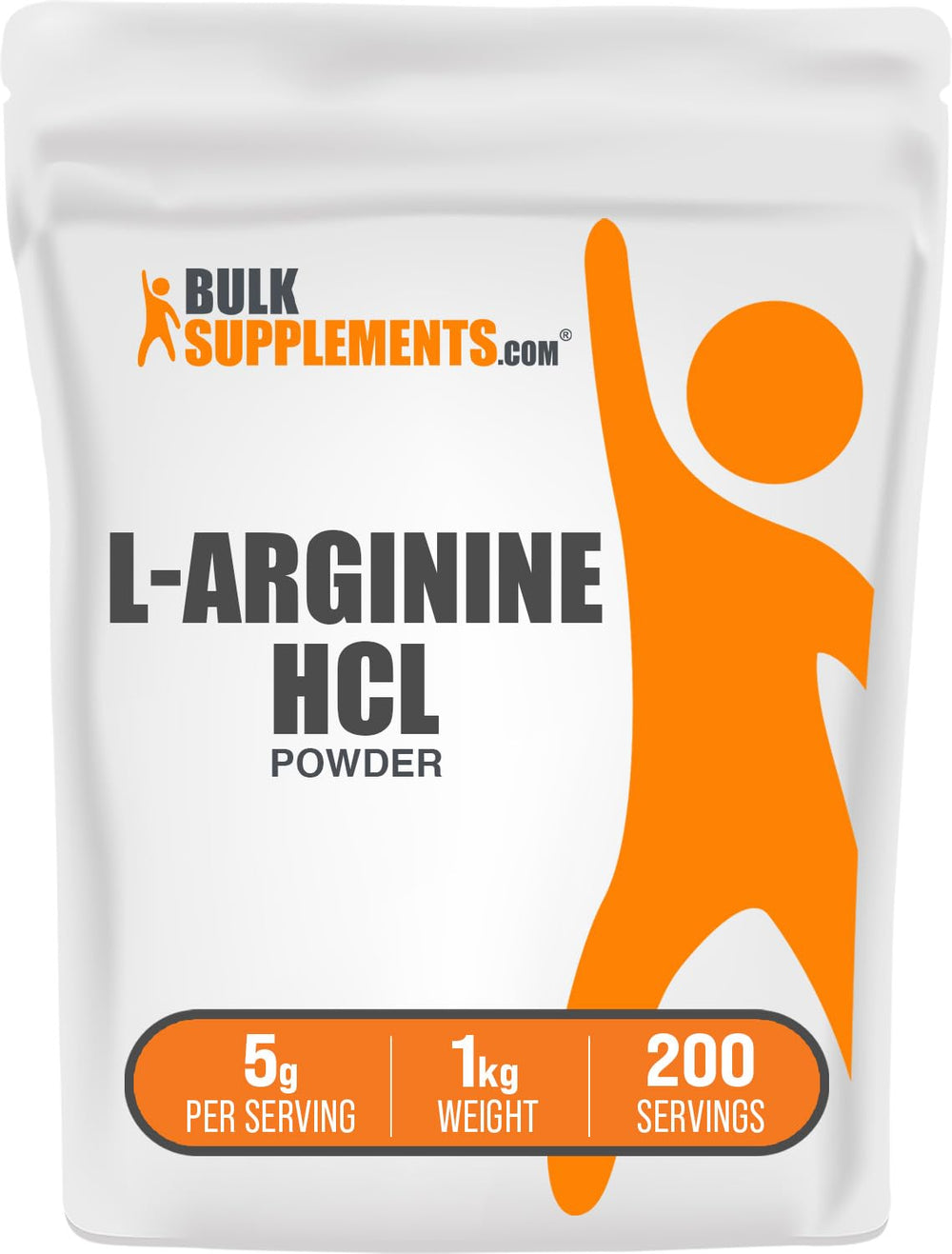 BulkSupplements L-Arginine HCl powder bottle for daily gluten-free supplementation.
