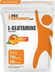 BulkSupplements L-Glutamine Mango Tango powder label close-up highlighting flavor