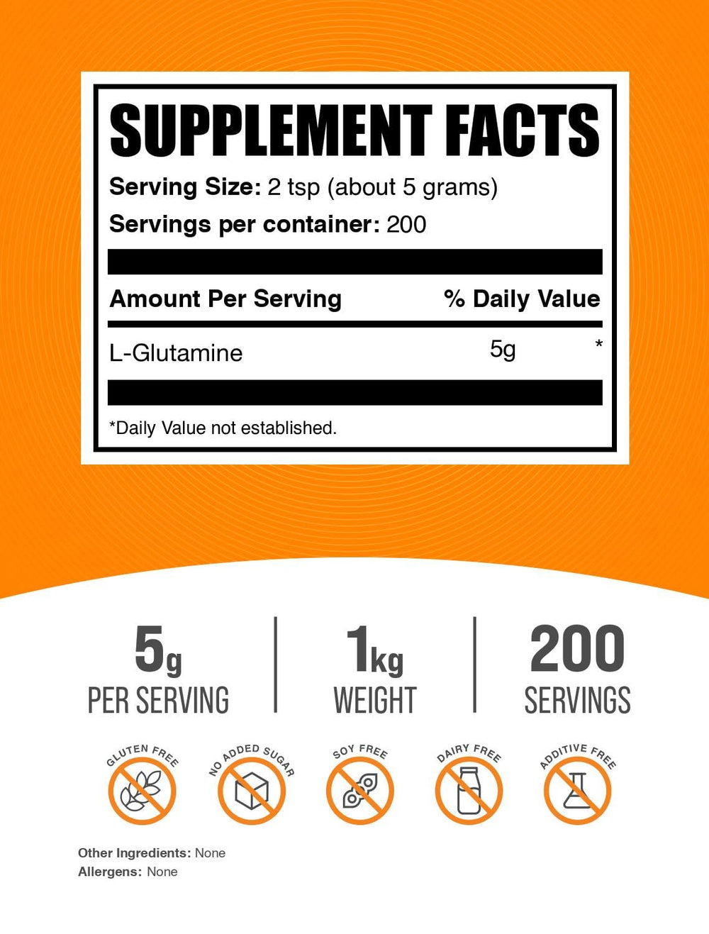Close-up of L-Glutamine powder pouring, highlighting 5 g serving size.