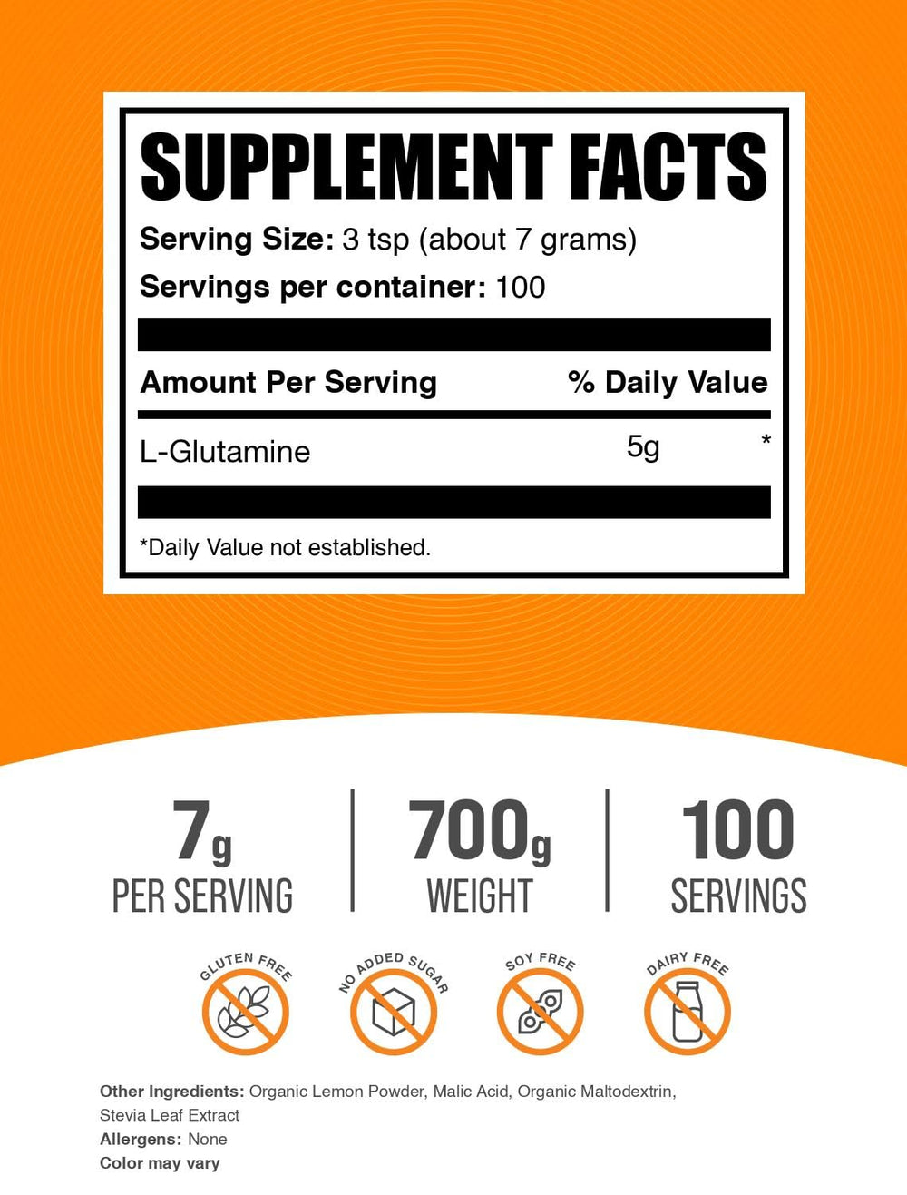 L-Glutamine powder serving scoop shown for convenient daily supplementation.