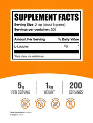 BulkSupplements L-Leucine powder 5g serving setup supports precise daily dosing.