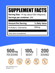 BulkSupplements N-Acetyl L-Carnosine powder with scoop for precise measurement in drinks.