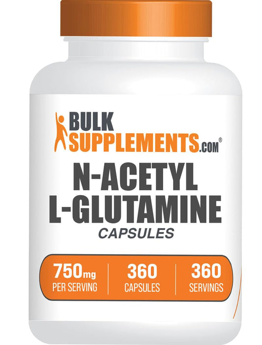 BulkSupplements N-Acetyl L-Glutamine capsules bottle front for quick dosing during workouts.