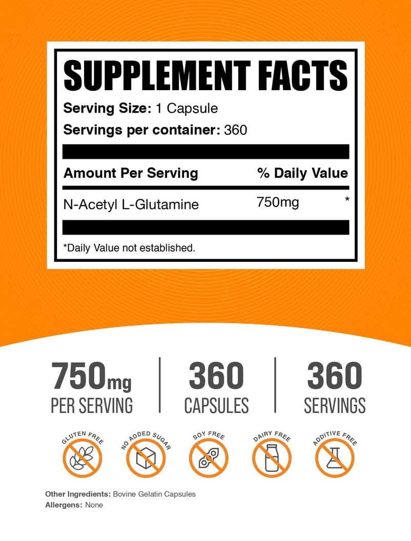 BulkSupplements N-Acetyl L-Glutamine capsules close-up showing 750 mg per capsule.