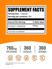 BulkSupplements N-Acetyl L-Glutamine capsules close-up showing 750 mg per capsule.