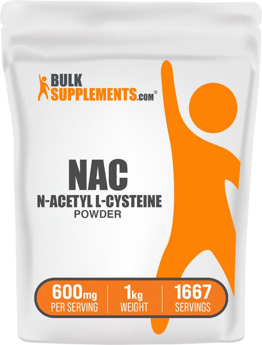 BulkSupplements NAC Powder bottle shows gluten-free, 600 mg per serving for daily regimen.