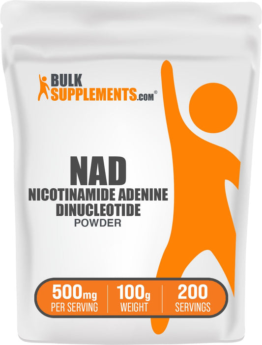 BulkSupplements NAD powder bottle with 500 mg servings for daily energy support