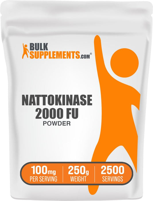 BulkSupplements nattokinase 2000 FU bottle close-up for daily wellness support.