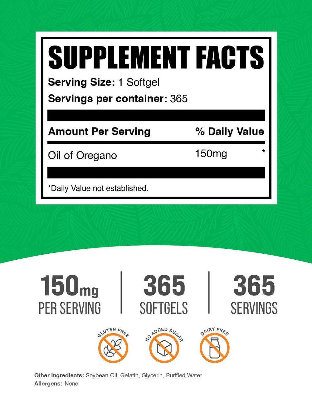 Close-up of Oil of Oregano softgels showing 150 mg per serving