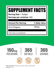 Close-up of Oil of Oregano softgels showing 150 mg per serving