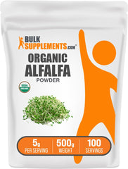 BulkSupplements Organic Alfalfa Grass Powder packaging shows quality and freshness