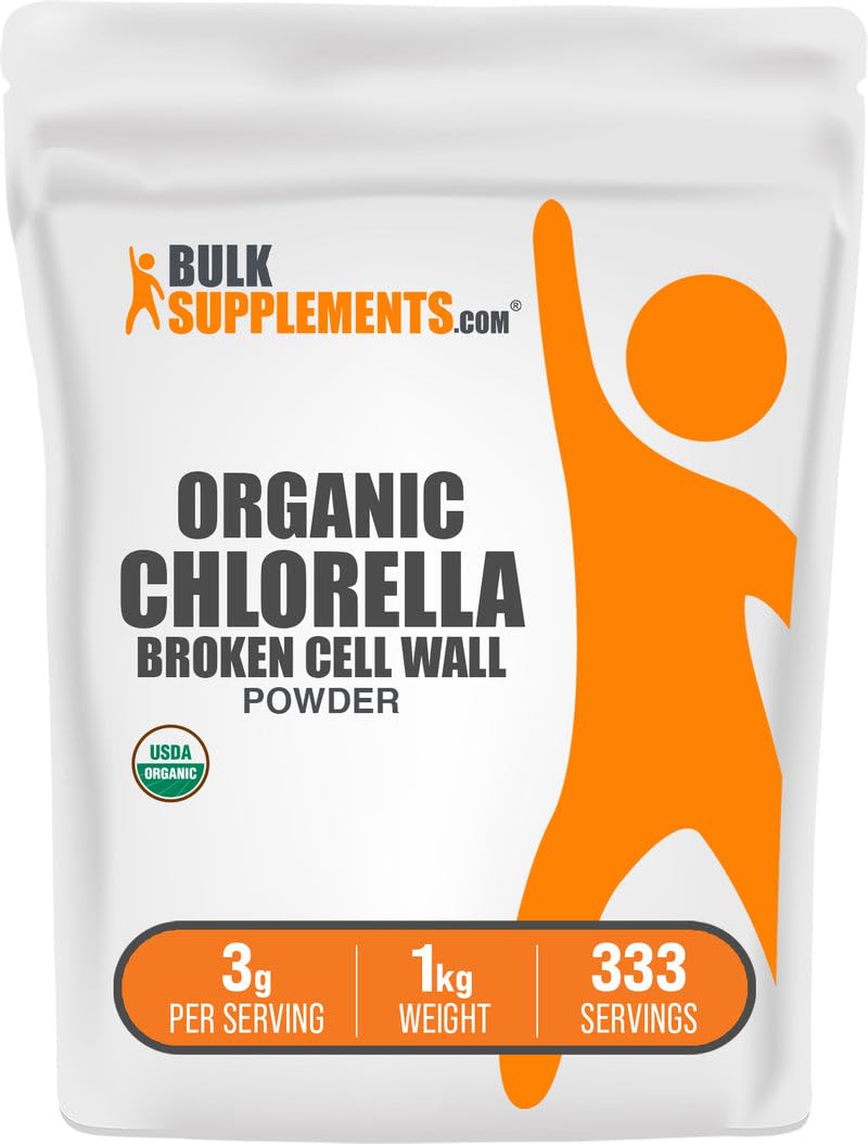 BulkSupplements Organic Chlorella Powder bottle with broken cell wall for daily nutrition
