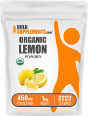 BulkSupplements Organic Lemon Powder bottle pour highlights easy, versatile use in beverages and recipes.