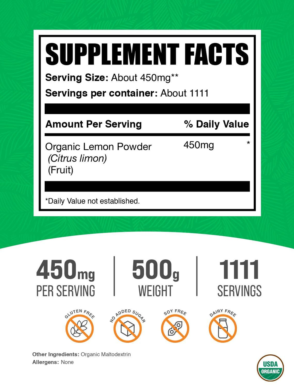 BulkSupplements Organic Lemon Powder packaging showing clean labeling and quality