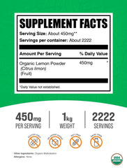 BulkSupplements Organic Lemon Powder measuring scoop demonstrates precise dosing for smoothies and bakes.