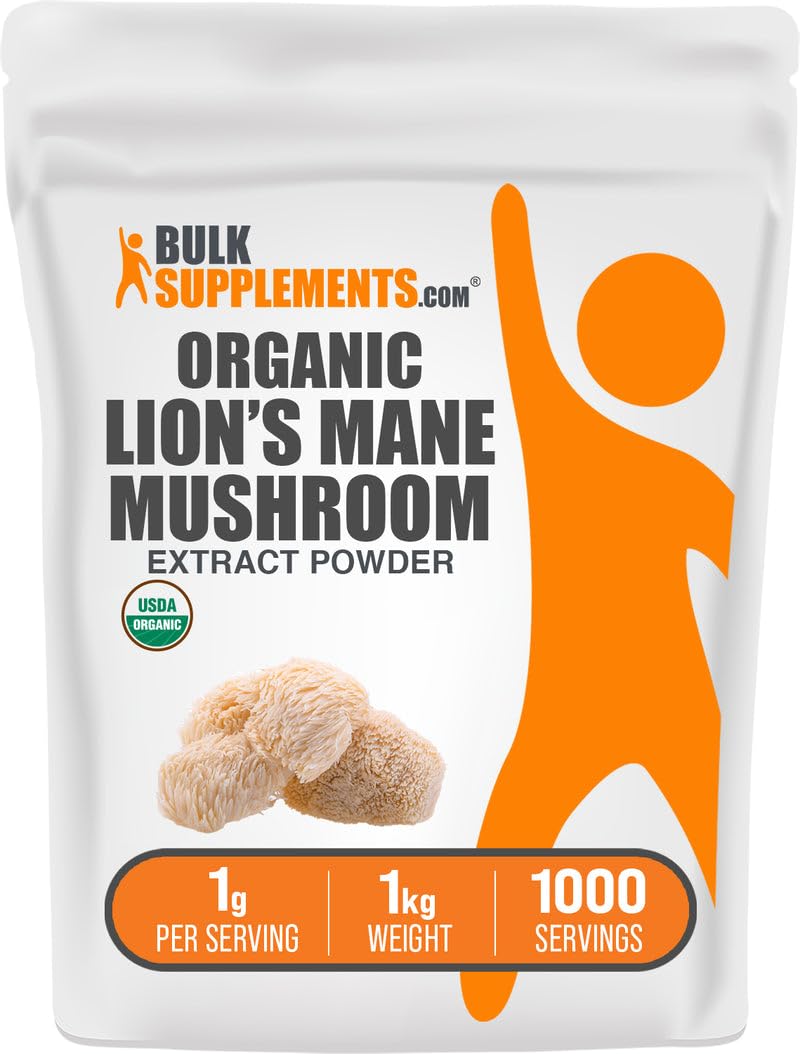 BulkSupplements Organic Lion's Mane extract powder tub ready for daily use and mixing.