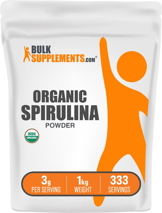 BulkSupplements Organic Spirulina Powder 1kg bottle, nutritious green powder for daily smoothies