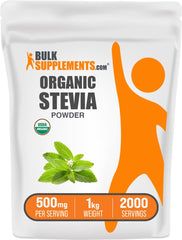 BulkSupplements Organic Stevia Powder pack on counter, zero-calorie sweetness option.
