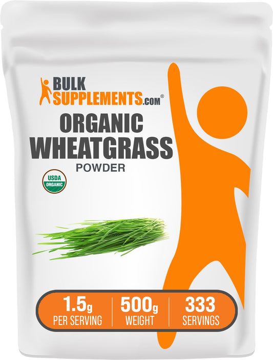 BulkSupplements Organic Wheatgrass Powder bottle for daily greens support and easy mixing.