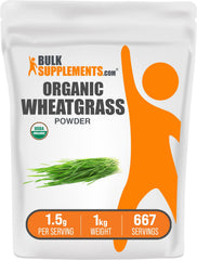 BulkSupplements Organic Wheatgrass Powder bottle for quick daily greens boost.