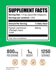 BulkSupplements Plantain Leaf Powder jar highlights a gluten-free herbal wellness option.