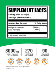 BulkSupplements pumpkin seed oil softgel capsules deliver 3000mg per serving for convenience.
