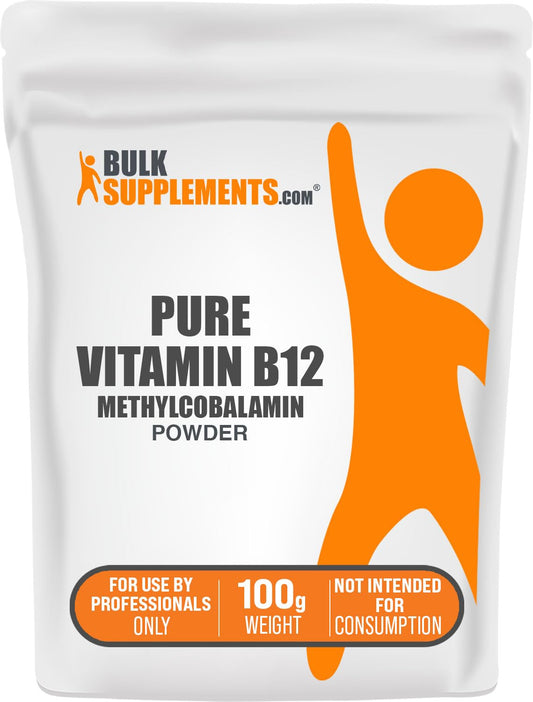 BulkSupplements pure Vitamin B12 methylcobalamin powder bottle shows a pure formula for professional use.