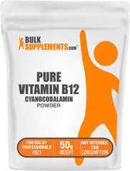 BulkSupplements pure Vitamin B12 powder bottle for easy supplement preparation.