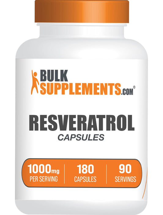 BulkSupplements Resveratrol capsules bottle front for easy daily wellness.