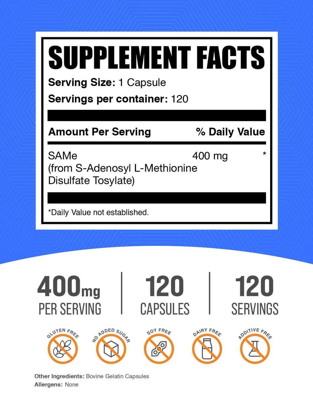 BulkSupplements SAM-e 400mg capsules on shelf for easy daily use.