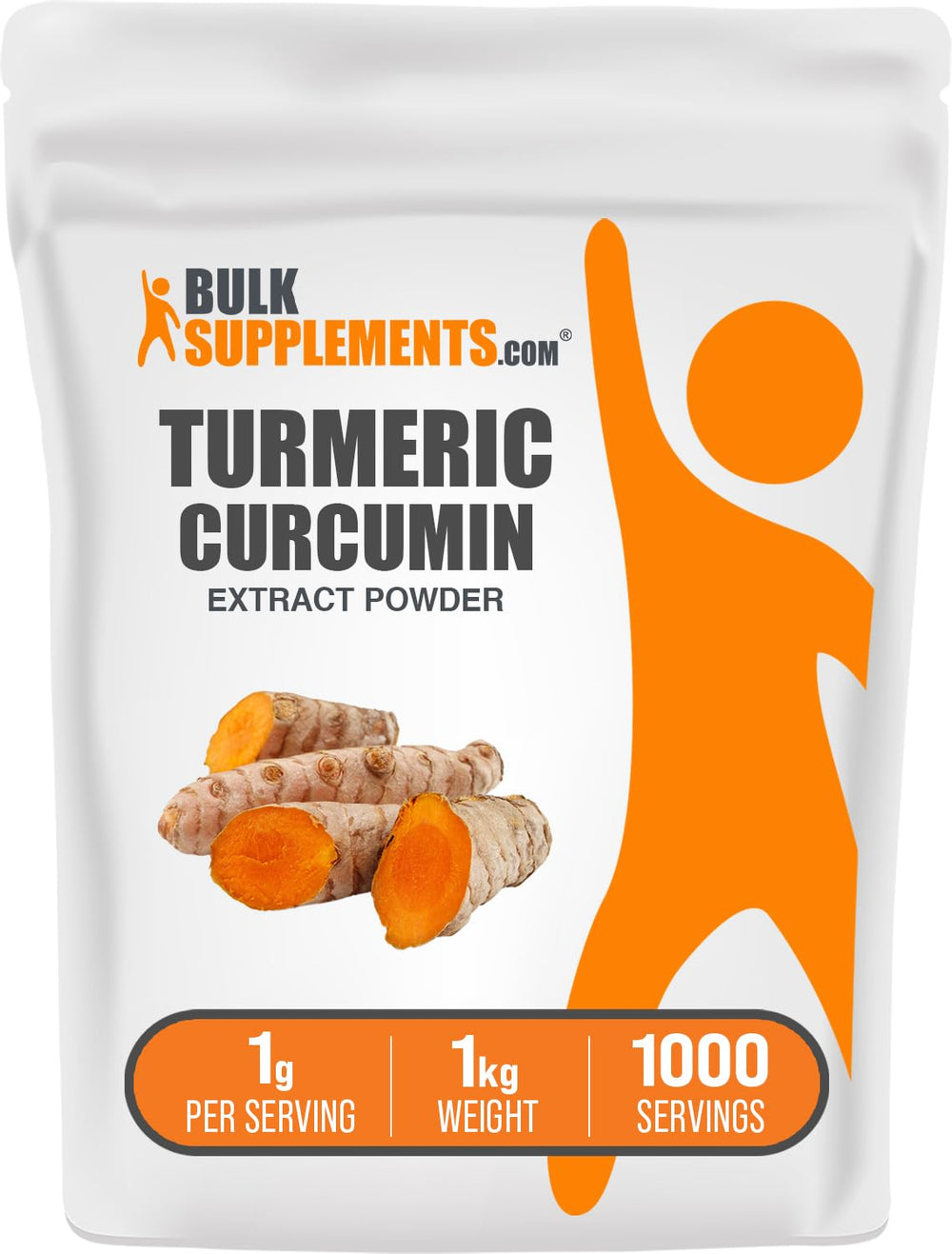 BulkSupplements turmeric extract powder bottle close-up highlights curcumin for daily wellness.