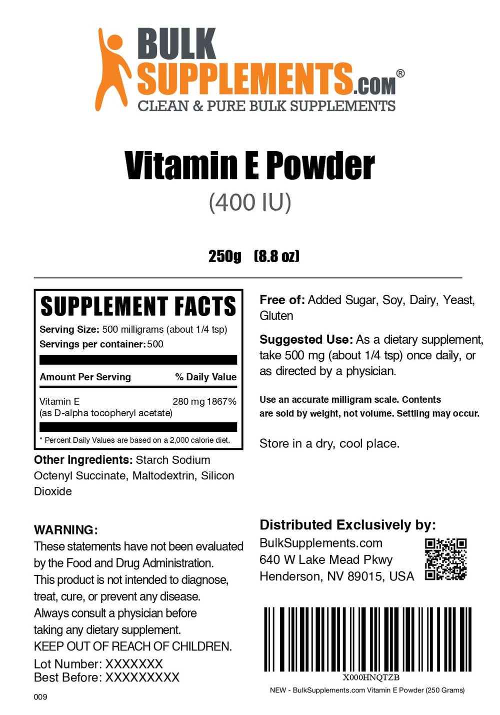 BulkSupplements Vitamin E 400 IU powder resealable packaging for versatile use