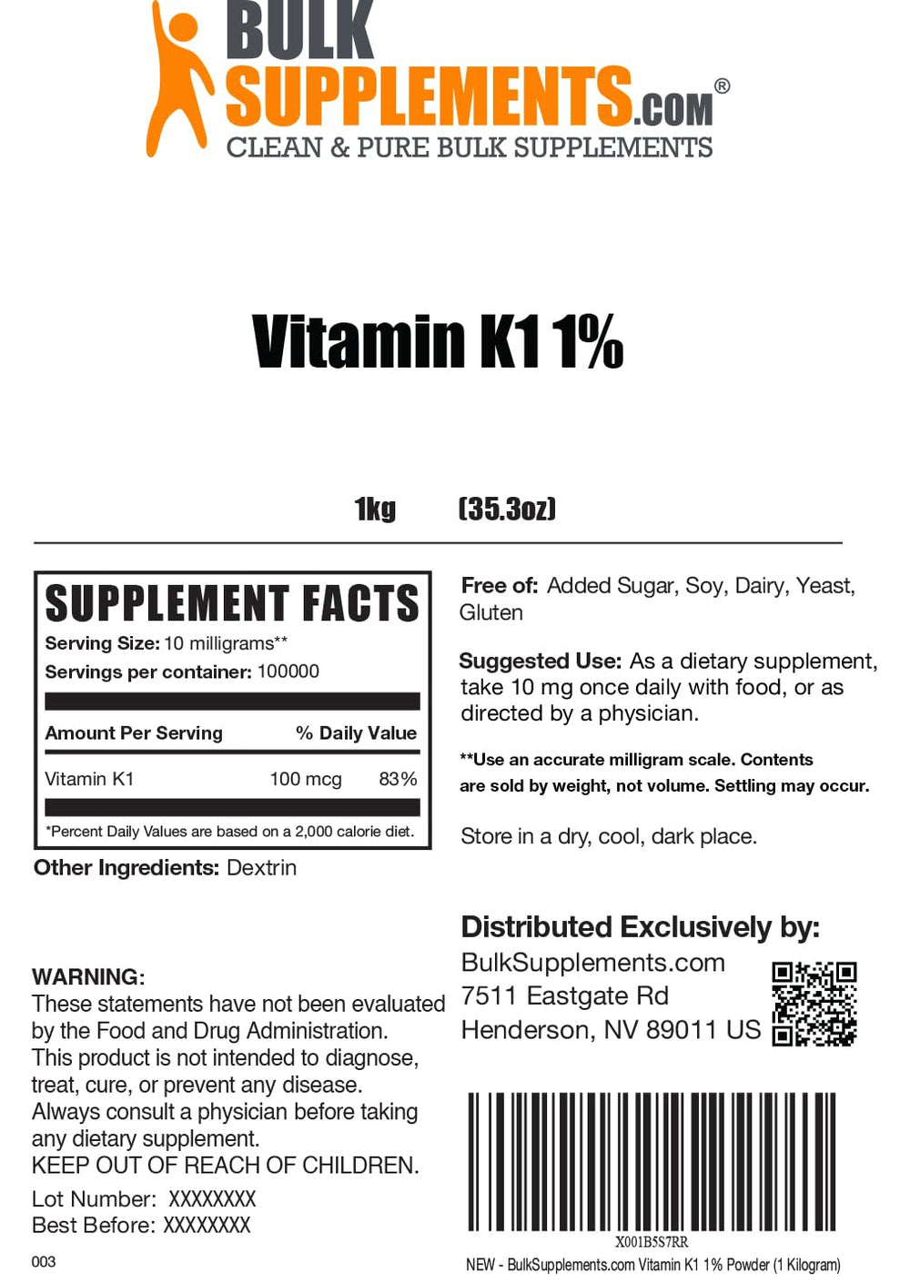BulkSupplements Vitamin K1 powder testing label communicates third-party quality checks.