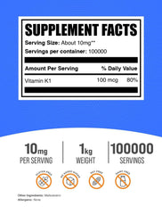BulkSupplements Vitamin K1 powder with scoop showing convenient mixing into smoothies.