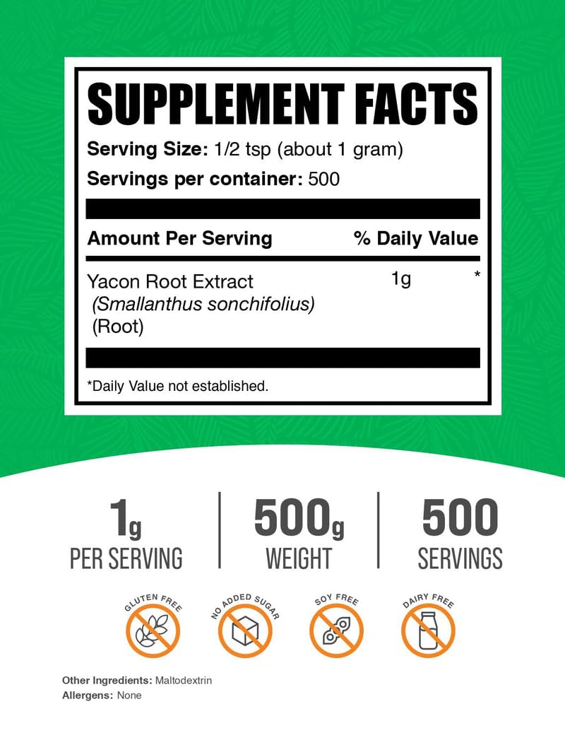 BulkSupplements Yacon Root Extract Powder spoon dispensing a measured serving.