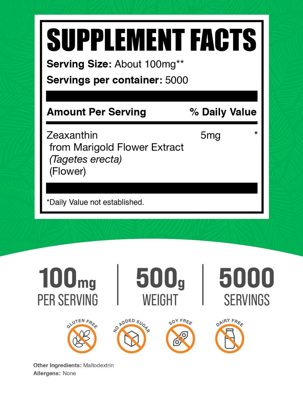BulkSupplements Zeaxanthin Powder scoop enables precise 5 mg servings.