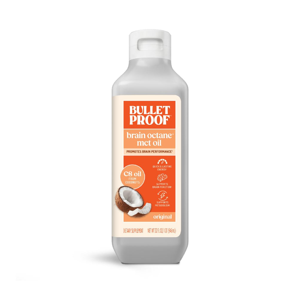 Bulletproof Brain Octane C8 MCT Oil bottle highlights pure coconut oil for quick energy in coffee