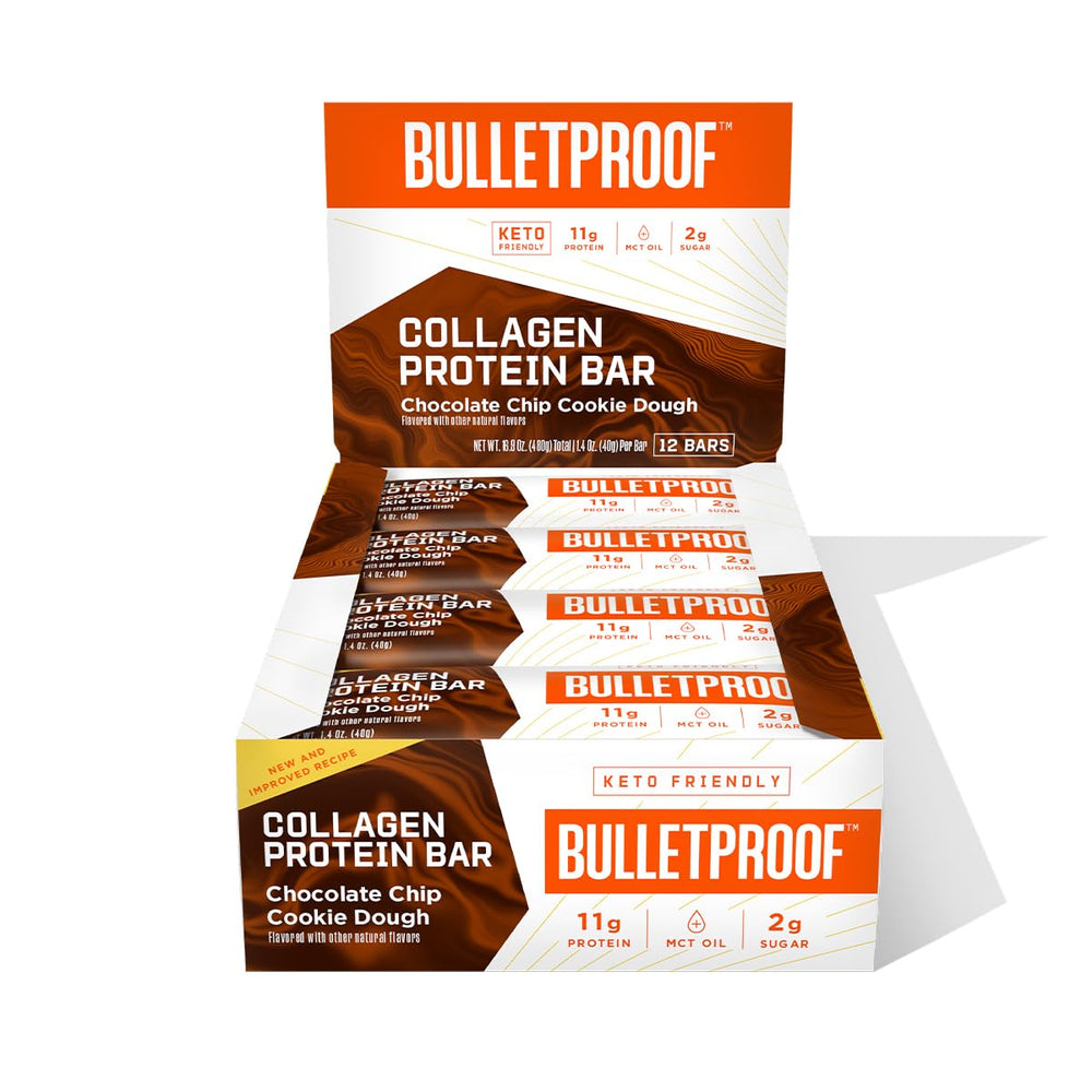 Bulletproof Chocolate Chip Cookie Dough Bar box 12 for on-the-go keto snacking.