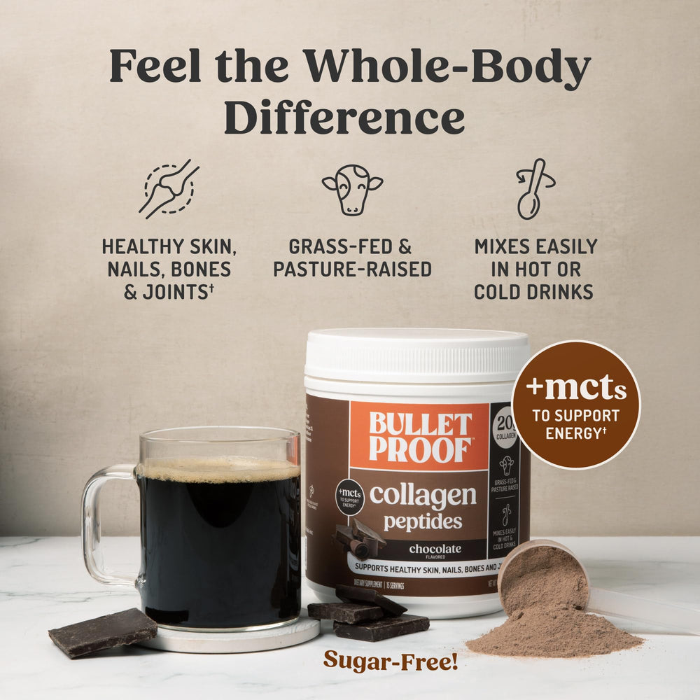 Bulletproof chocolate collagen in a coffee mug for a morning routine.