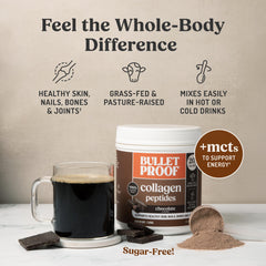Bulletproof chocolate collagen in a coffee mug for a morning routine.