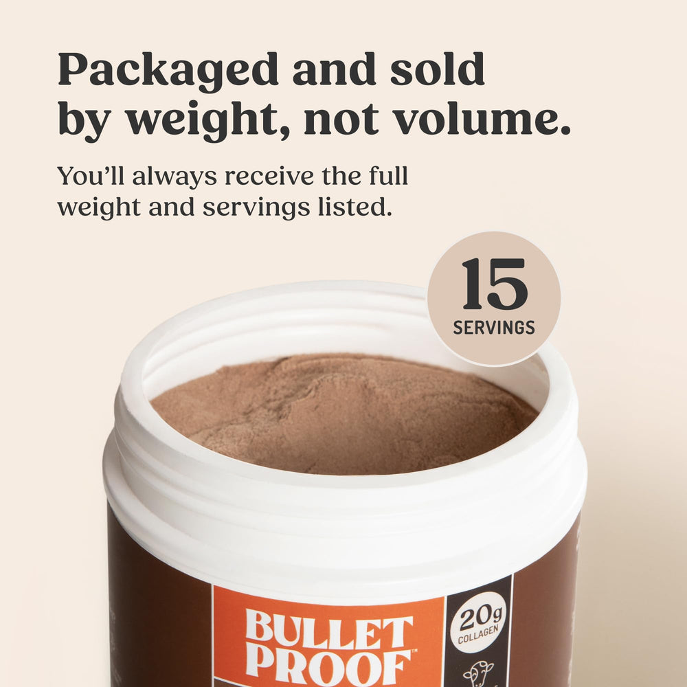 Bulletproof chocolate collagen label shows 20g collagen per serving for daily protein.