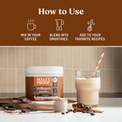 Hot water dissolves Bulletproof Chocolate Collagen Peptides for a comforting drink.
