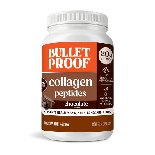 Bulletproof Chocolate Collagen Powder Jar on kitchen counter, daily protein source.